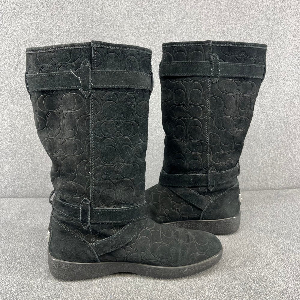 Coach Black Suede‎ Monogram Tall Boots Buckle Detail Women's US 8 B EU 38.5 - Picture 9 of 13